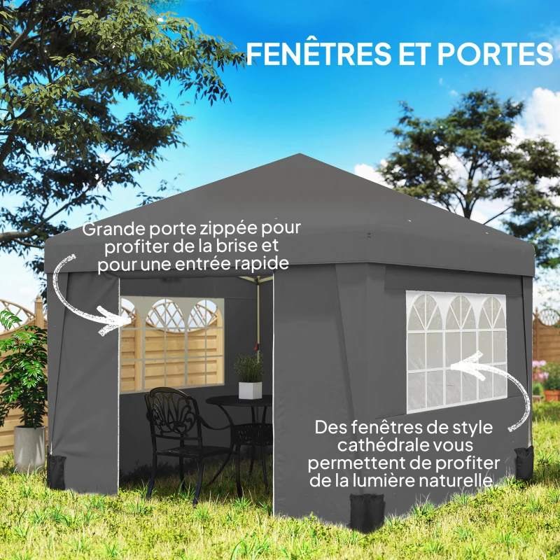 Outsunny Tonnelle de jardin pliante 3 x 3 x 2,75 m anti-UV 30 + avec fenêtres + parois latérales + sac de transport gris foncé