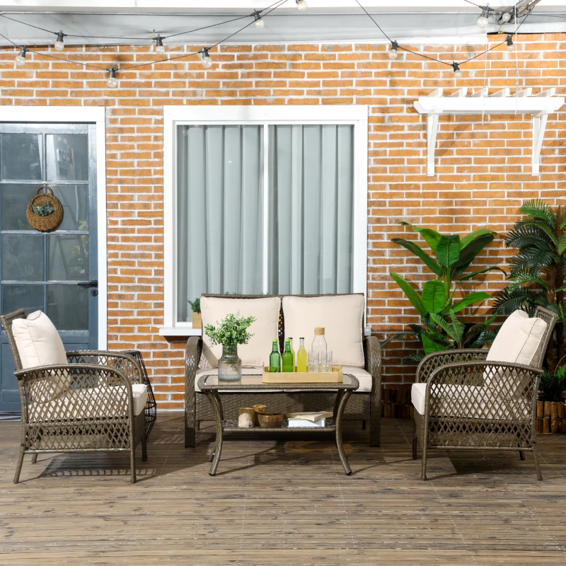 Outsunny Salon de jardin 4 places 4 pièces style colonial table basse coussins beige inclus résine tressée marron clair