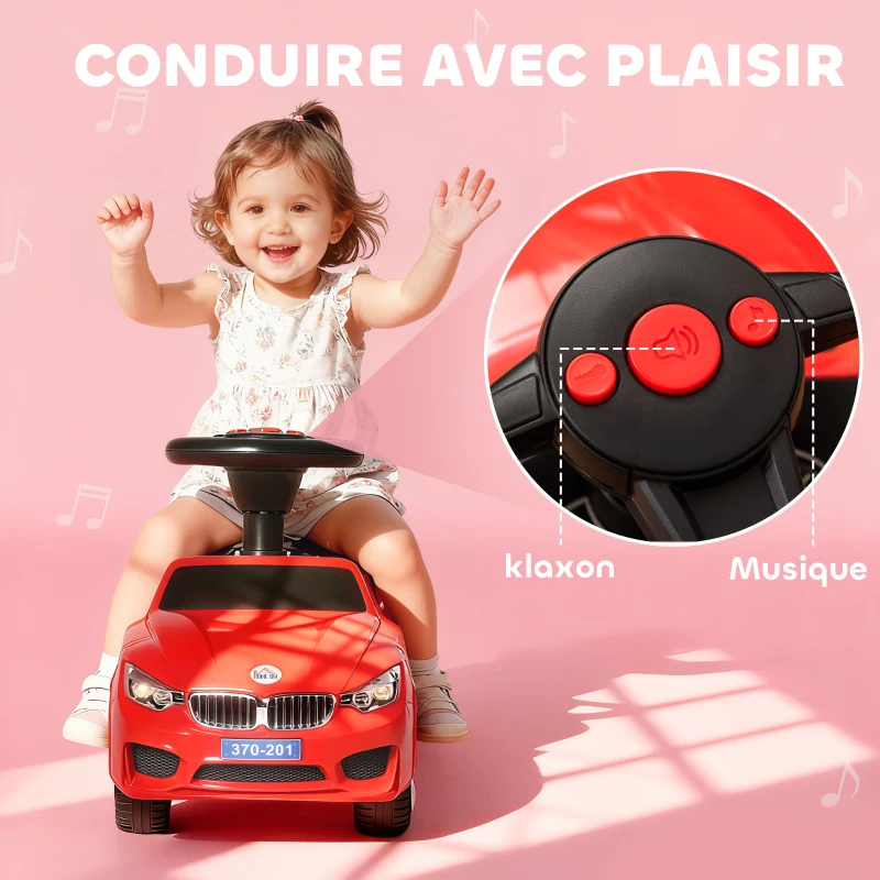 HOMCOM Porteur enfants voiture, véhicule à pousser avec coffre à jouets, klaxon, phares et musique, 63,5 x 28 x 36 cm, rouge