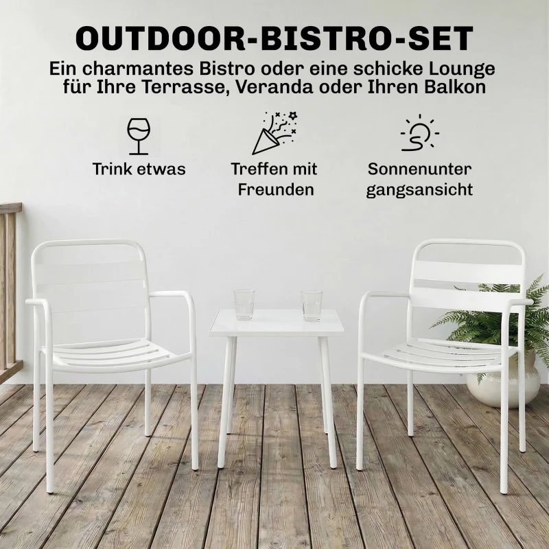 Outsunny Bistroset 3 teiliges Metall Gartenmöbel-Set mit 2 Gartenstühlen, Glastisch, Lamellen-Design, Rostbeständig