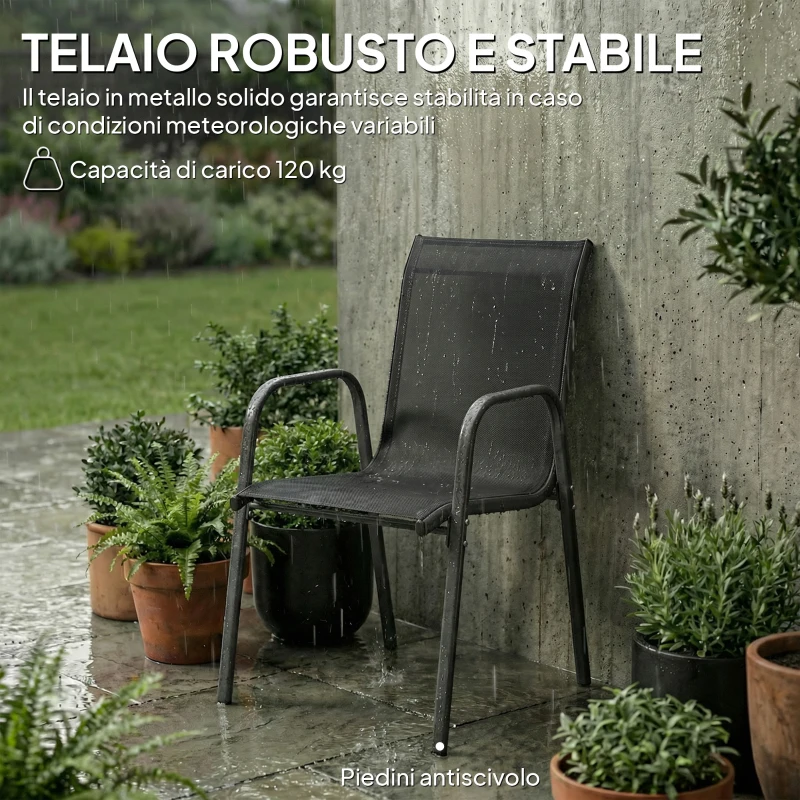 Outsunny Set 4 Sedie Impilabili e Traspiranti con Braccioli e Schienale Alto, in Metallo e Poliestere, 51L x 69P x 87A cm, Nero