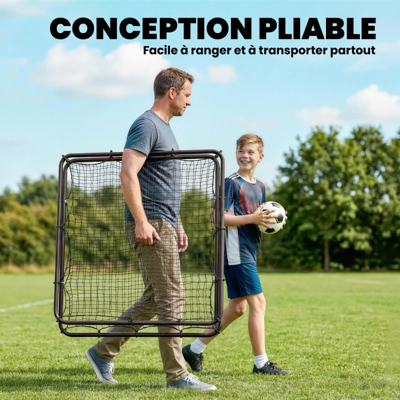 SPORTNOW Filet de Rebond Pliable Réglable à 5 Angles avec 24 Cordes Élastiques Filet pour Football, Acier, 120x73x112cm, Noir