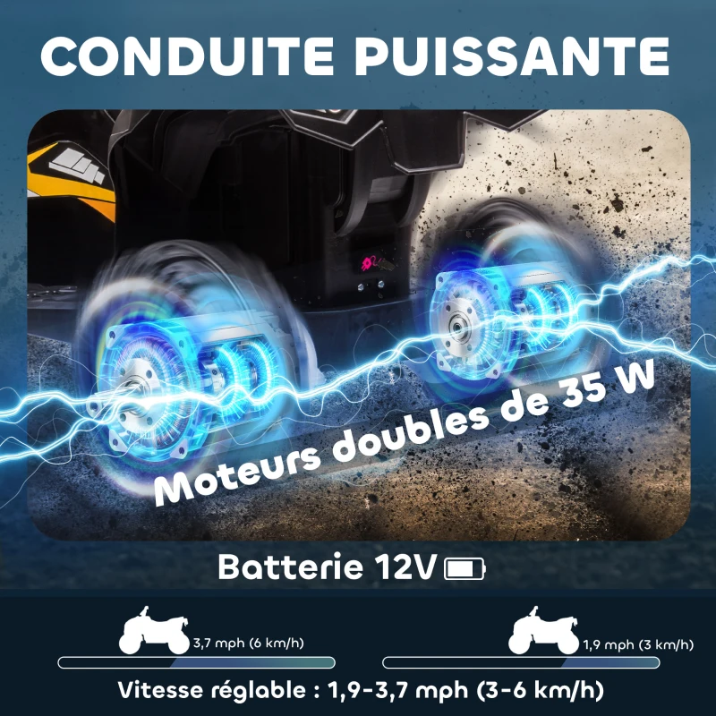 HOMCOM Quad électrique enfant 12 V, voiture électrique enfants 2 moteurs 2 vitesses 3-6 km/h, phares LED, klaxon, pour enfant de 3 à 5 ans, poignée et selle ergonomique, jaune(m-4)