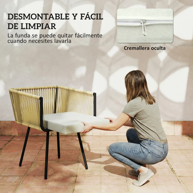 Outsunny Conjunto de Mesa y Sillas Jardín de Ratán 5 Piezas con Mesa de Plástico-Madera 4 Sillas con Cojines Extraíbles Beige