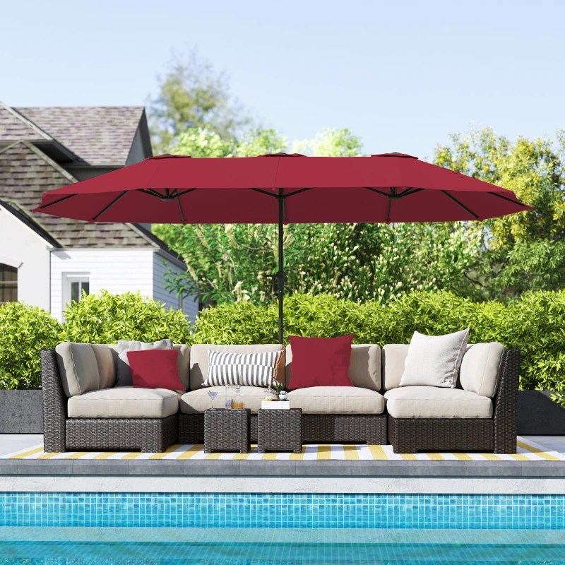 Outsunny Parasol de jardin extérieur, parasol double rectangulaire 4 x 2,2 x 2,3m avec ouverture fermeture manivelle rouge vineux