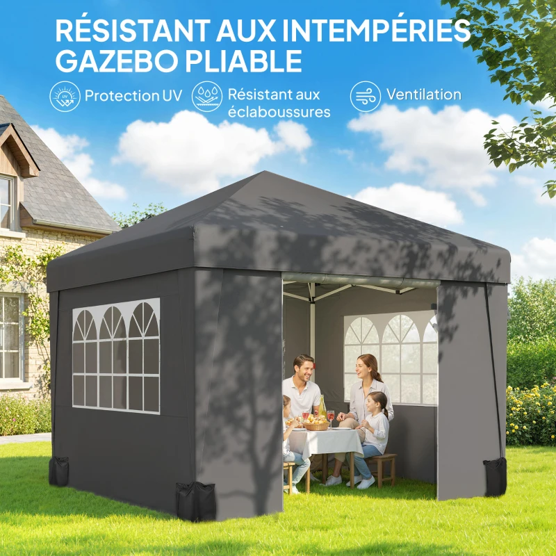 Outsunny Tonnelle de jardin pliante 3 x 3 x 2,75 m anti-UV 30 + avec fenêtres + parois latérales + sac de transport gris foncé