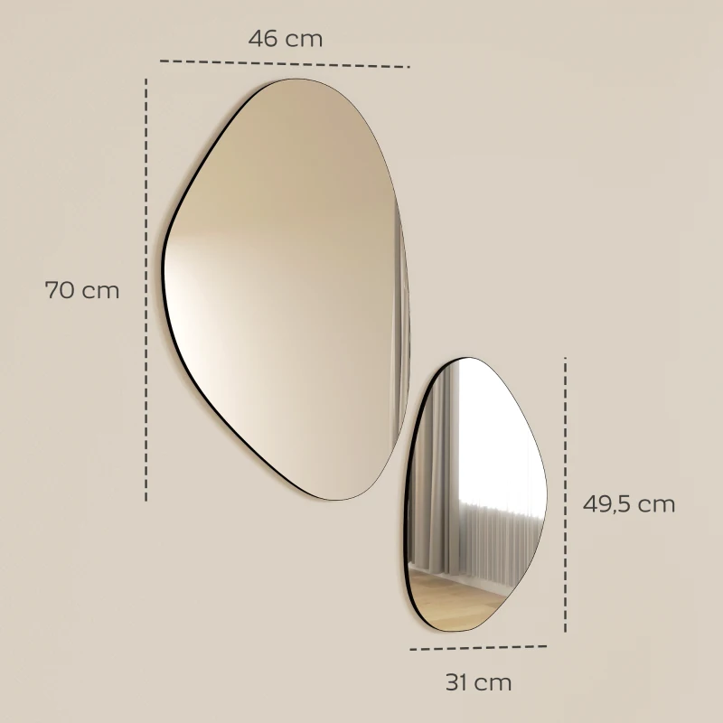 HOMCOM Lot de 2 miroirs muraux, miroirs décoratifs irréguliers en forme de galet, cadre en métal, 70 x 46 cm/49,5 x 31 cm, noir