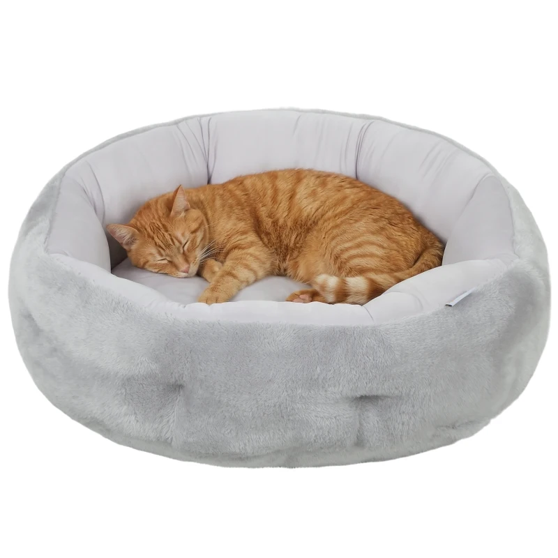 PawHut Cama para gato reversível, cama para gatos de interior e cães pequenos, cama redonda com borda de apoio, cinza claro
