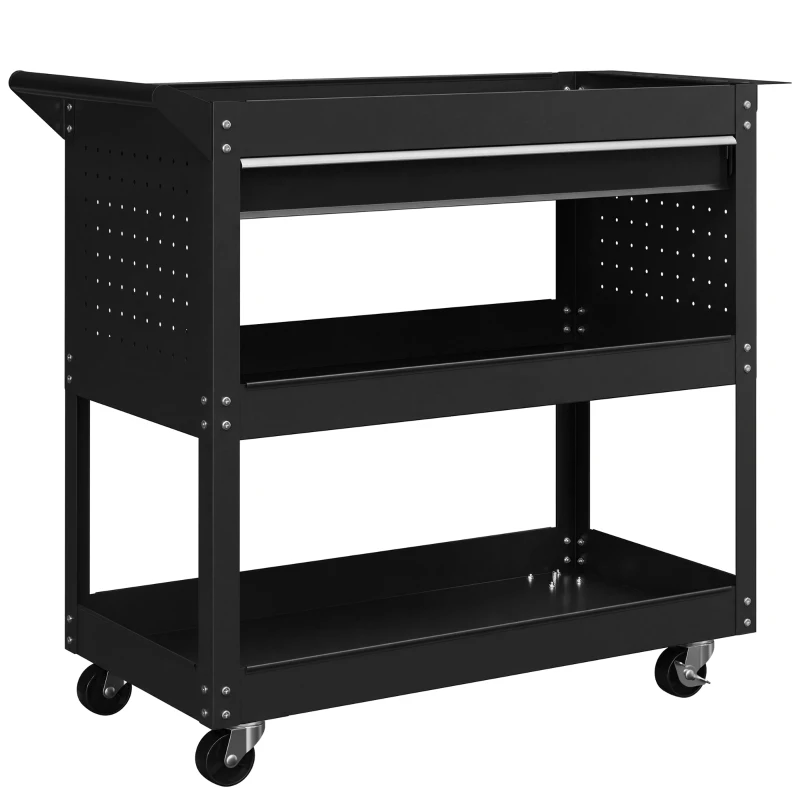 DURHAND Carro 3 Niveles en Acero con Cajón, Panel Lateral para Herramientas y Mango, Negro