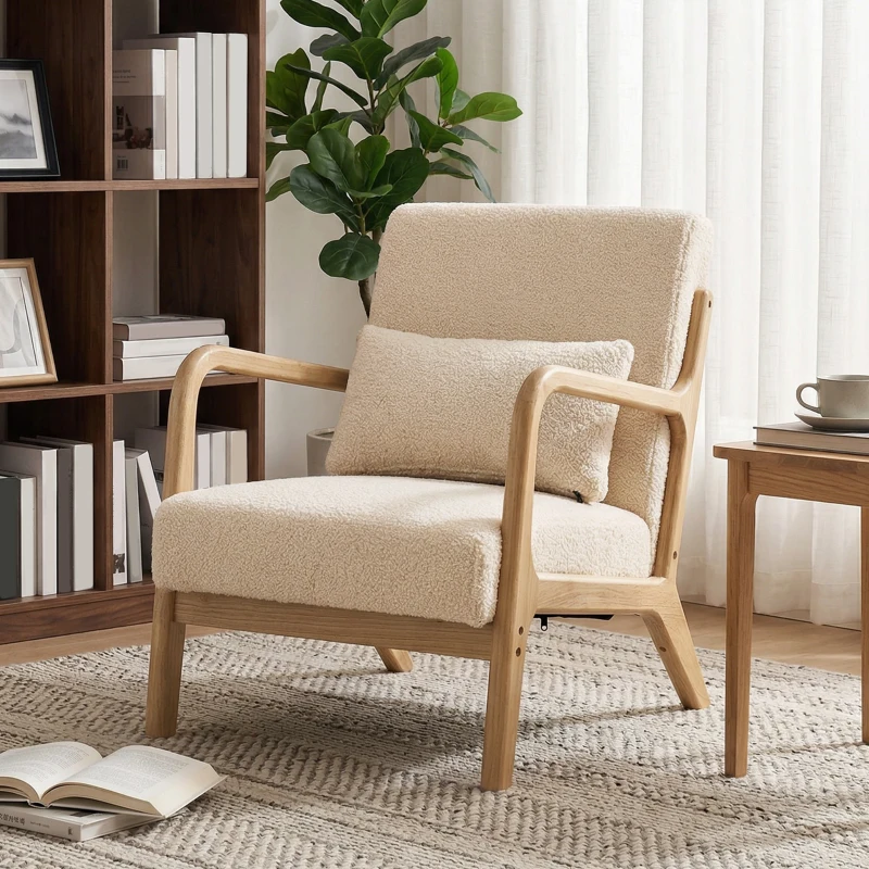 HOMCOM Lounge-Sessel - 3 Kissen inklusive - tiefe Sitzfläche - Armlehnen - Gestell aus Gummibaumholz - Samtoptik Beige