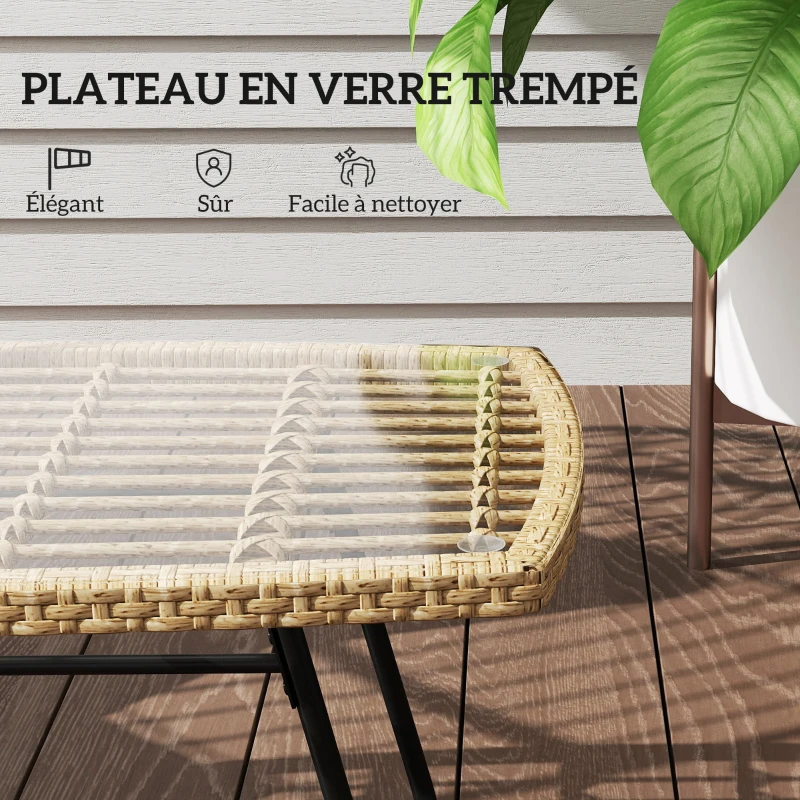 Outsunny Table d'appoint de jardin en résine tressée, 90x50x45cm, table basse de jardin avec plateau en verre trempé, naturel