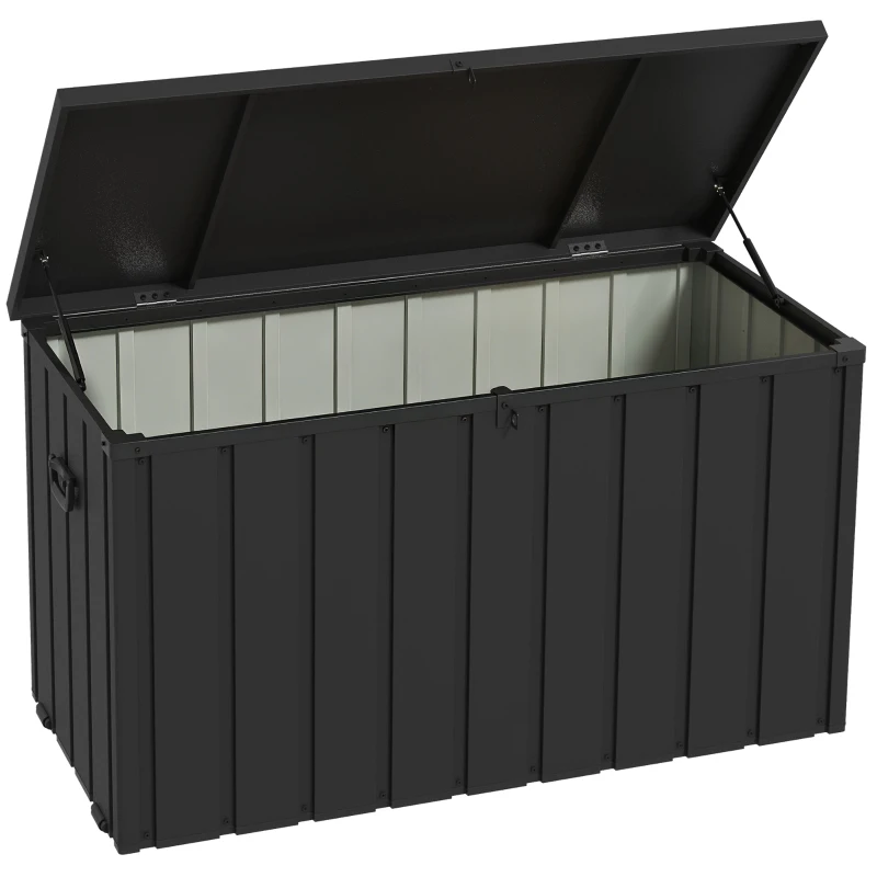 Outsunny Coffre de rangement pour jardin 450L en métal avec vérin à gaz, roulettes et poignée - dim. 125,5L x 61,5l x 70H cm