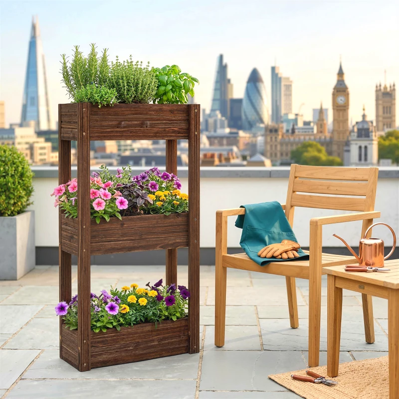 Outsunny Jardinera elevada en pie 3 niveles orificios de drenaje y forro 60 x 25 x 120 cm, Marrón