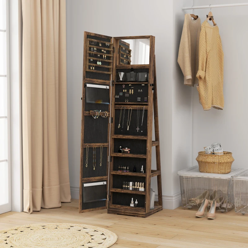 HOMCOM Armoire à Bijoux pivotante verrouillable boîte à bijoux avec Miroir - Armoire Bijoux Multi-Rangement - Brun Rustique