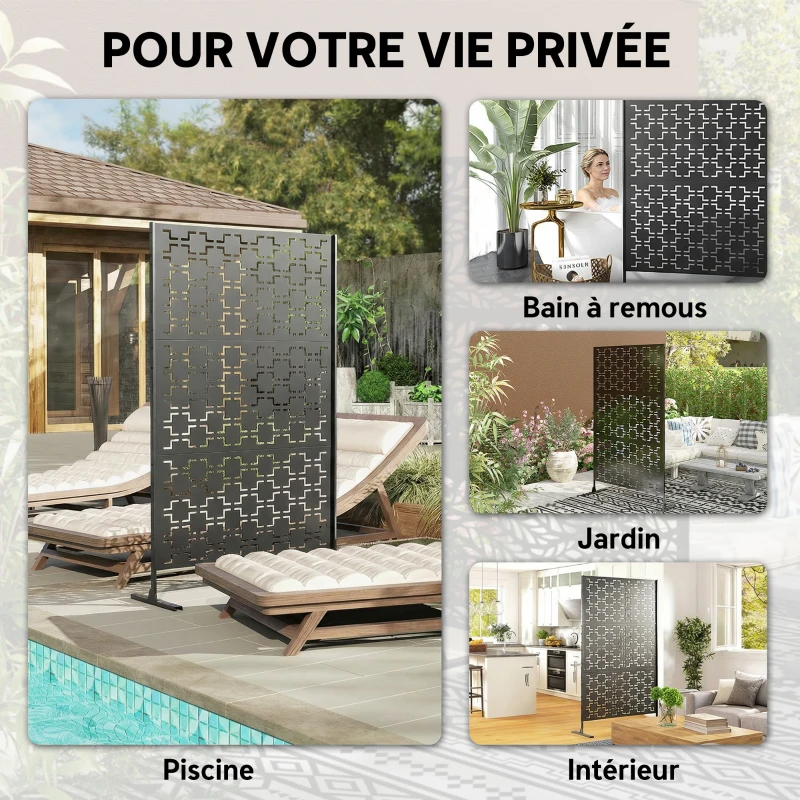 Outsunny Panneau brise vue décoratif paravent extérieur à motif géométrique ajouré en métal - 122 x 45 x 198 cm, noir