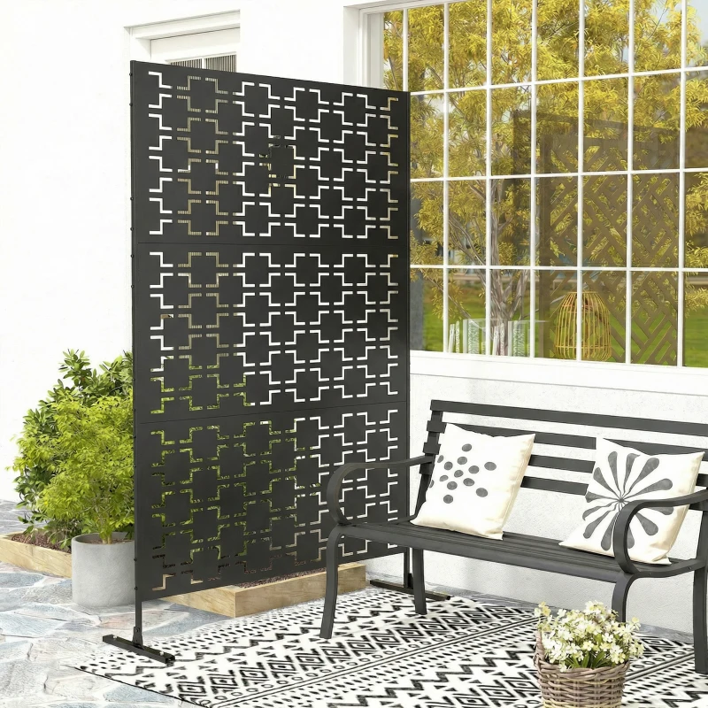 Outsunny Panneau brise vue décoratif paravent extérieur à motif géométrique ajouré en métal - 122 x 45 x 198 cm, noir