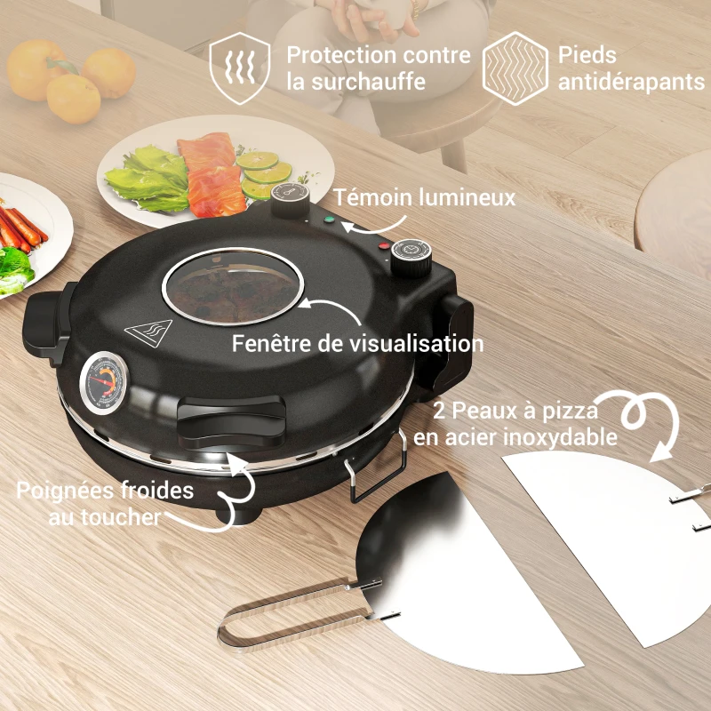 HOMCOM Four à pizza électrique 1200 W jusqu'à 430°C plaque en pierre réfractaire 30 cm minuterie température réglable noir