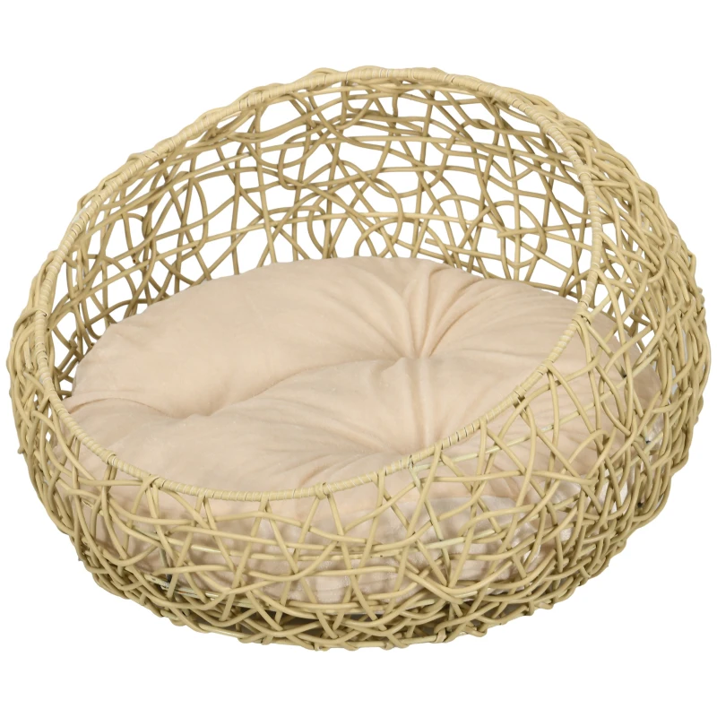 PawHut Panier chat lit chat cosy grand confort dim. Ø 56 x 35H cm coussin moelleux inclus PVC imitation rotin beige