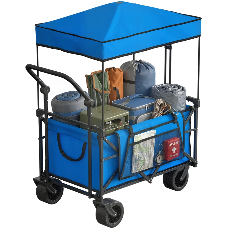 Outsunny Klappbarer Gartenwagen mit großen feststellbaren Rädern, verstellbarer Stange, Getränkehalter für Camping 125x59x133 cm Blau