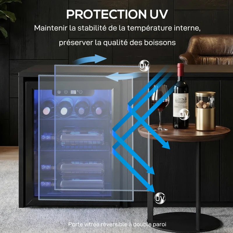 HOMCOM Cave à vin 16 bouteilles 48L, réfrigérateur à vin et boissons avec température réglable 4-16 °C, porte réversible, noir