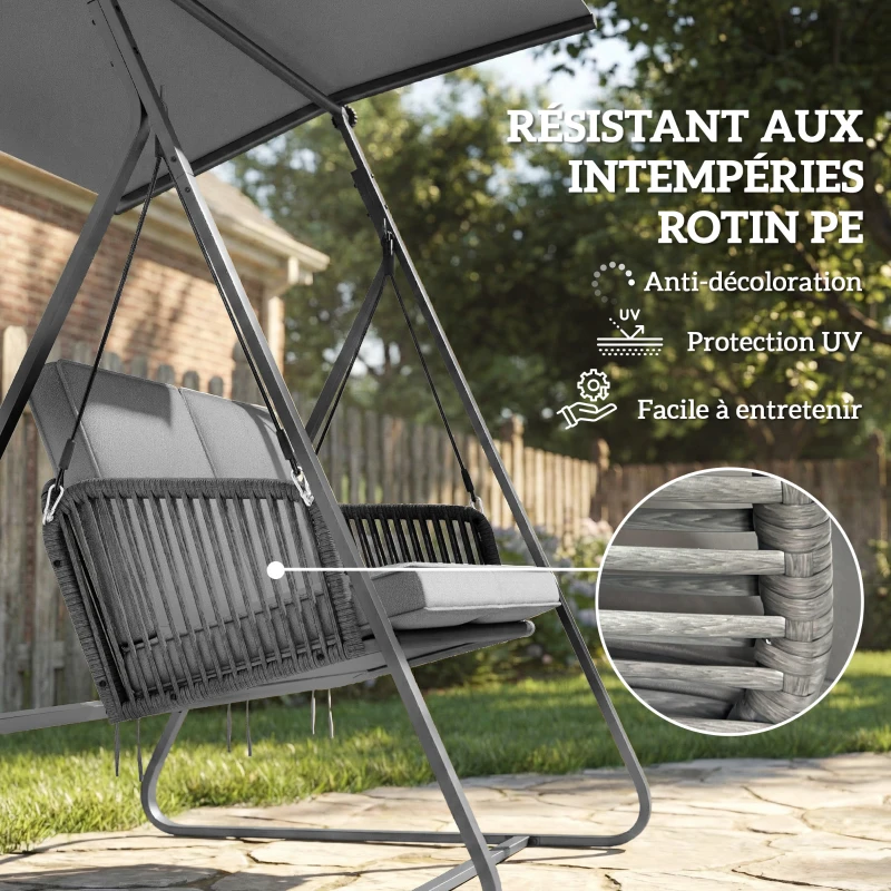 Outsunny Balancelle de jardin 2 places en résine tressée, balançoire extérieure avec toit réglable et coussin épais, gris