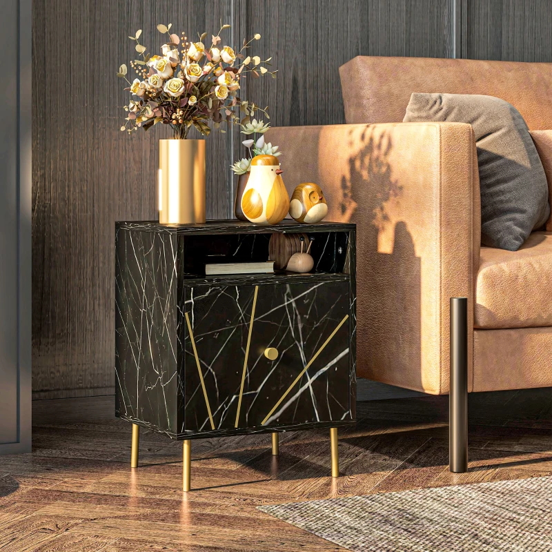 HOMCOM Table de chevet, table d'appoint avec 1 grand tiroir et 1 niche, effet marbre, pieds en métal doré, 39l x 30 x 50 cm