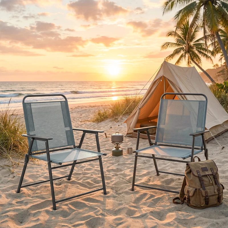 Outsunny Sillas Plegables de Jardín, Set de 2 Sillas de Camping con Asiento de Malla Gris.