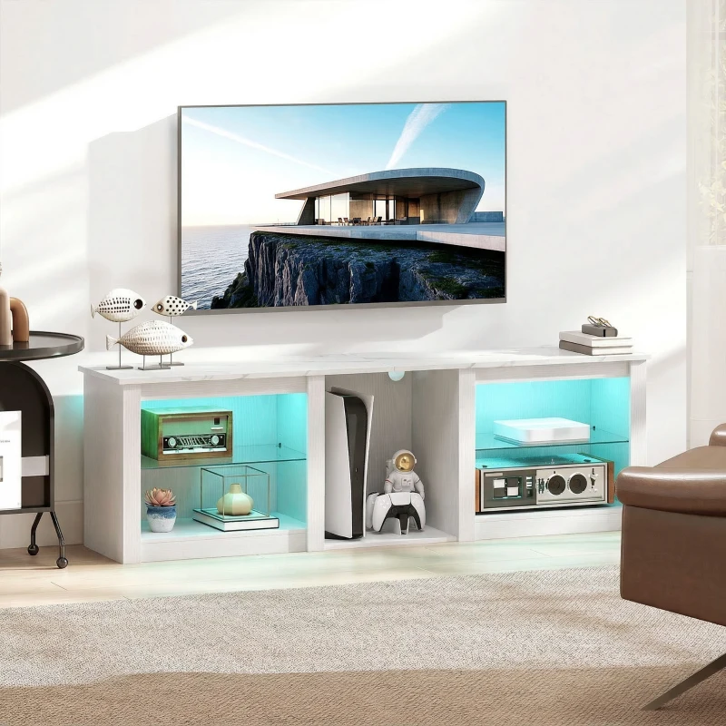 HOMCOM TV-Möbel mit LED-Beleuchtung für Fernseher bis zu 70 Zoll, 160 cm mit verstellbaren Glasablagen, weiß