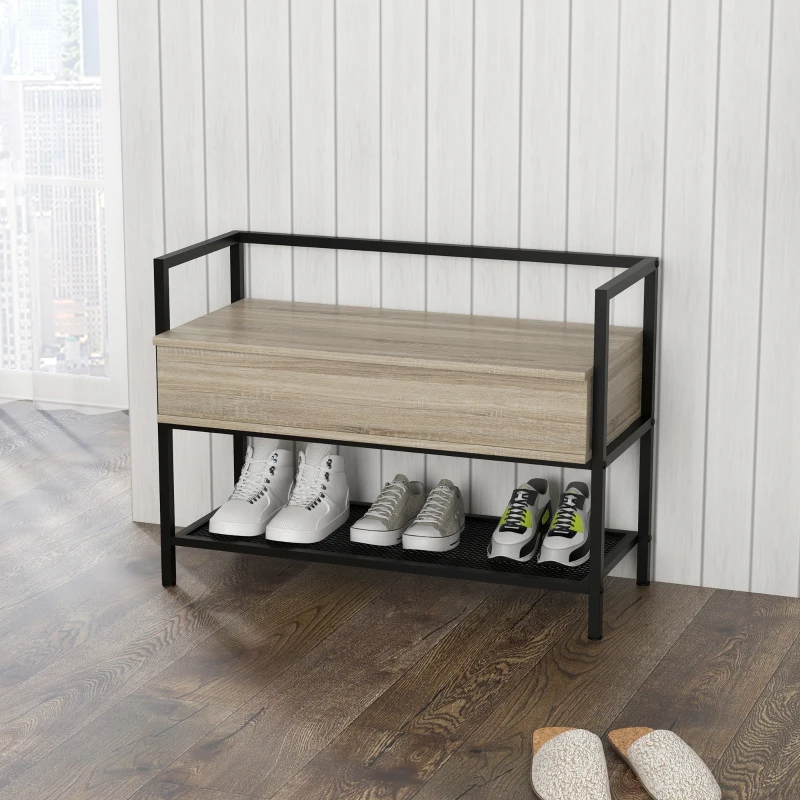 HOMCOM Banc à chaussures meuble de rangement étagère et compartiment caché à couvercle rabattable en bois chêne et noir