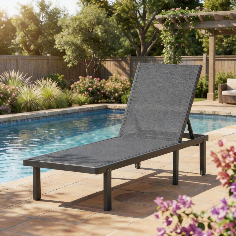 Outsunny Espreguiçadeira de Jardim com Rodízios Reclinável em 4 Posições e Textilene 530g/m² Cinza Escuro