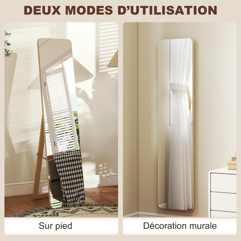 HOMCOM Miroir sur Pied et Mural rectangulaire dim. 37L x 43l x 156H cm bois naturel