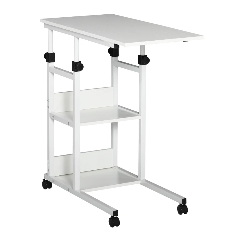 HOMCOM Table d'appoint Bout de canapé Table roulante Table de Lit pour Ordinateur Portable Hauteur réglable - 2 étagères intégrées - cadre métal Blanc