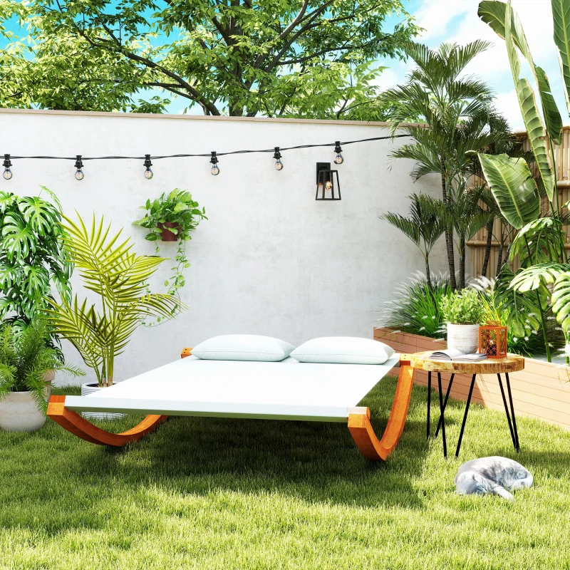 Outsunny Bain de Soleil transat Design à Bascule 2 Places 2 Coussins Inclus Bois mélèze pré-huilé Coton Blanc