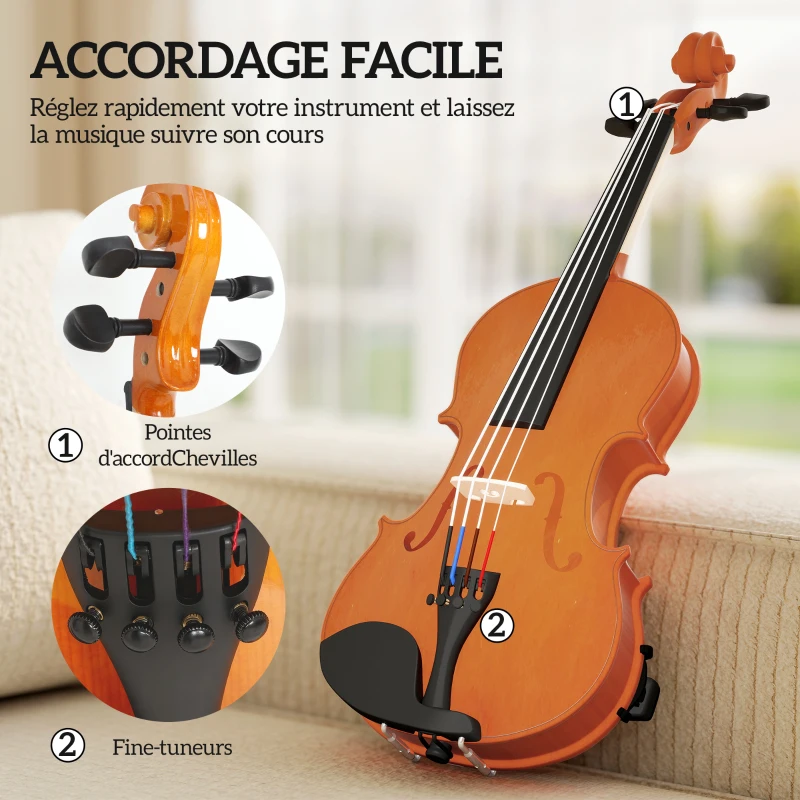HOMCOM Violon 4/4 ensemble de violon en bois massif pour adultes et débutants avec étui léger et portable 60 x 21 cm marron