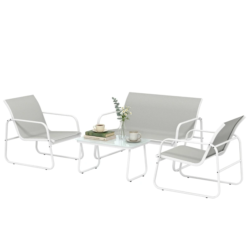 Outsunny 4-teiliges Gartenmöbel-Set mit Zweisitzer-Sofa, 2 Sesseln, Tisch mit gehärteter Glasplatte, Textilene, Hellgrau