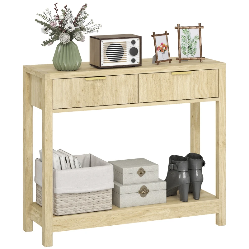HOMCOM Consolle 90 cm con 2 cassetti scanalati e mensola, Legno naturale