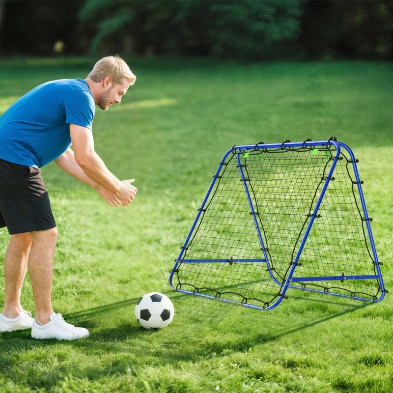 HOMCOM Filet de rebond double face 91 x 91 cm filet de rebond football pliable réglable dans 5 angles structure en acier bleu