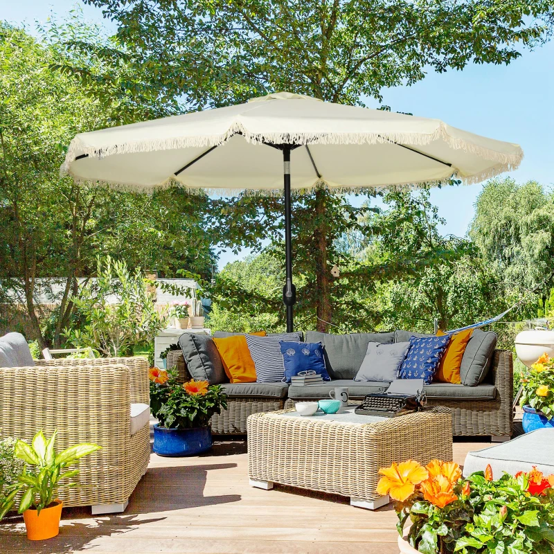 Outsunny Parasol inclinable rond Ø 268 cm avec franges tissu polyester haute densité 180 g/m² protection solaire crème