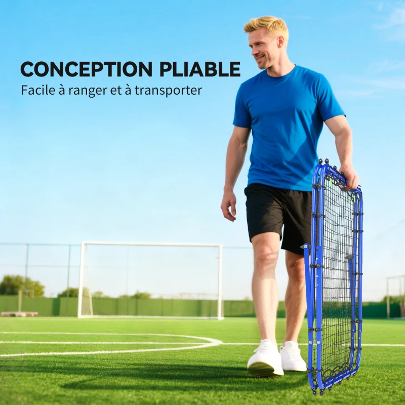 HOMCOM Filet de rebond double face 91 x 91 cm filet de rebond football pliable réglable dans 5 angles structure en acier bleu