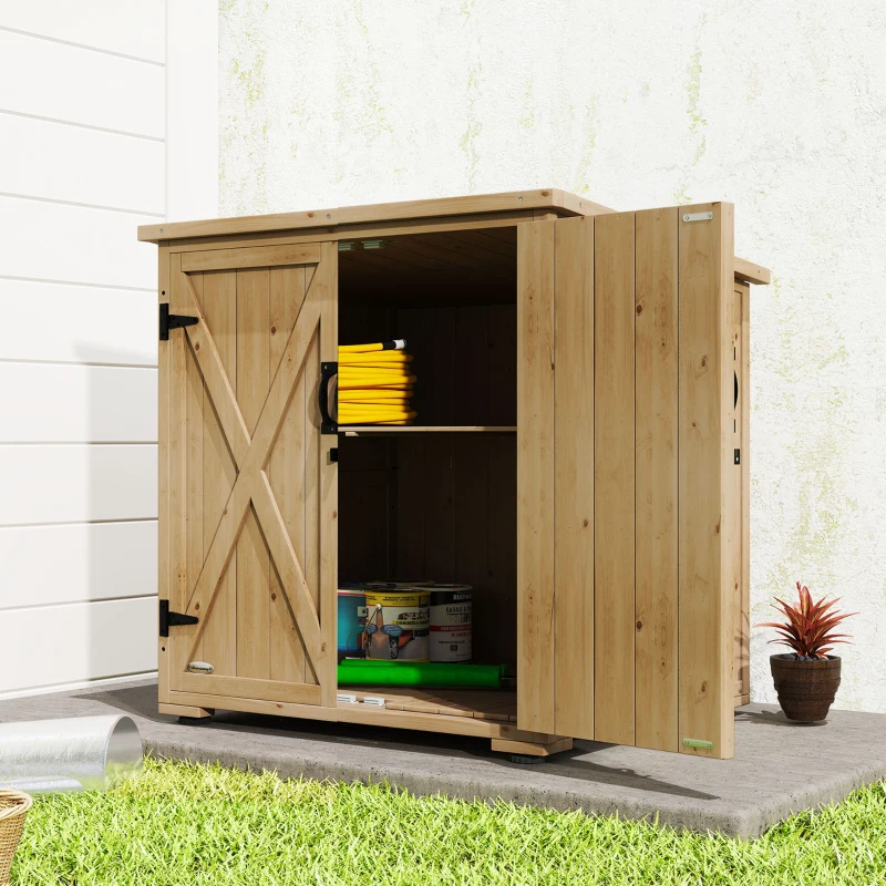 Outsunny Armoire de rangement en bois pour le jardin, Double Porte étagère réglable et Toit bitumé bois sapin