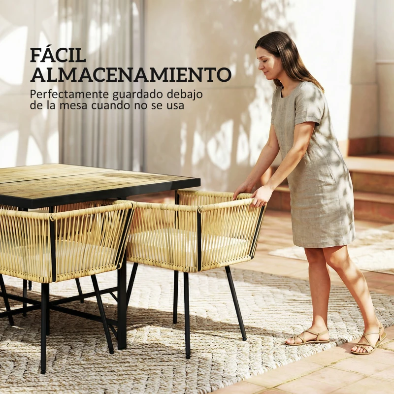 Outsunny Conjunto de Mesa y Sillas Jardín de Ratán 5 Piezas con Mesa de Plástico-Madera 4 Sillas con Cojines Extraíbles Beige