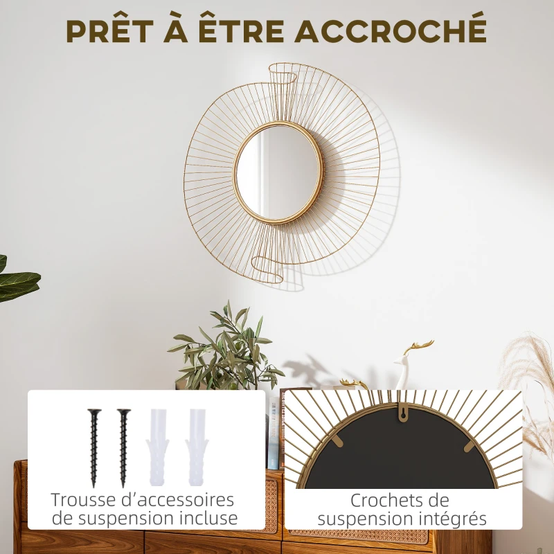 HOMCOM Miroir décoratif rond 60 cm avec fixation à 360°, décoration murale en métal moderne avec détails plissés, doré