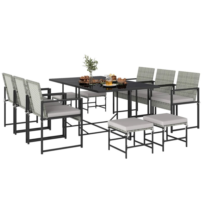 Outsunny Conjunto de Jantar Pátio 11 Peças, Mobiliário Exterior com 6 Poltronas, 4 Pufes, Cinza
