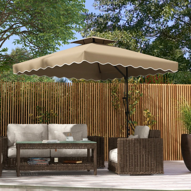 Outsunny Parasol déporté carré pour jardin avec pied en croix, poignée, lambrequin, double toit, 243L x 243l x 251H cm, kaki