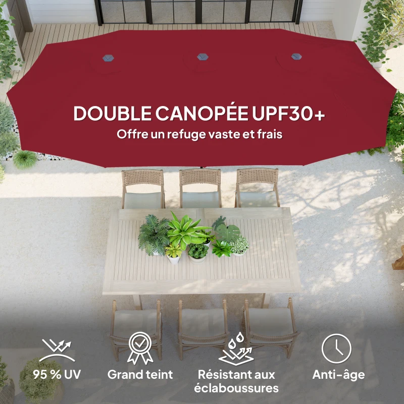 Outsunny Parasol de jardin extérieur, parasol double rectangulaire 4 x 2,2 x 2,3m avec ouverture fermeture manivelle rouge vineux