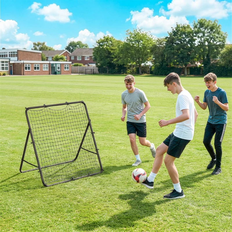 SPORTNOW Filet de Rebond Pliable Réglable à 5 Angles avec 24 Cordes Élastiques Filet pour Football, Acier, 120x73x112cm, Noir