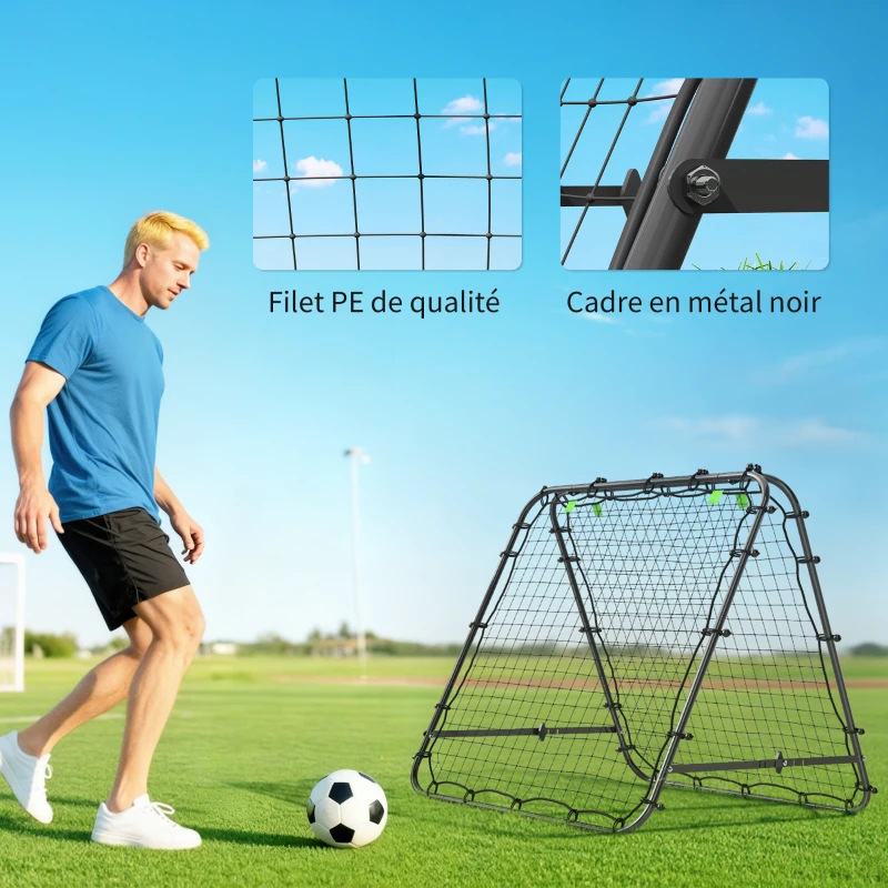 HOMCOM Filet de rebond double face 91 x 91 cm filet de rebond football pliable réglable dans 5 angles structure en acier noir