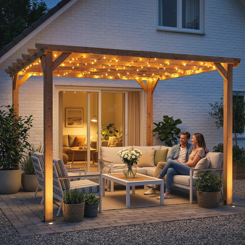 Outsunny Pergola en bois tonnelle extérieur structure robuste avec poteaux 90 mm et 7 poutres 3 x 3 m effet bois d'érable
