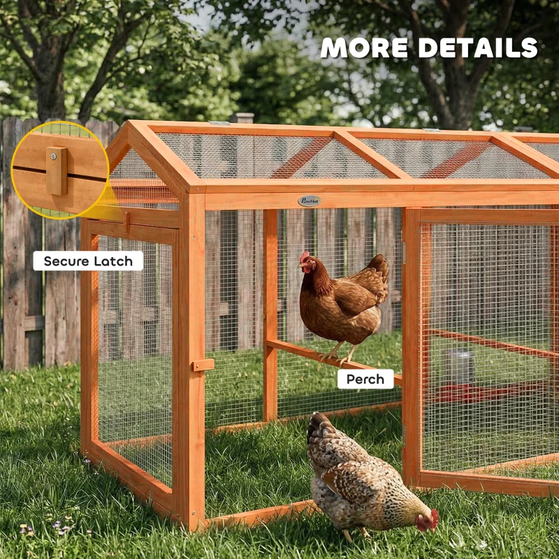 PawHut Adăpost exterior pentru găini cu bară de odihnă și uși duble, din lemn și metal, pentru 4 găini, 156 x 70,5 x 84 cm Portocaliu