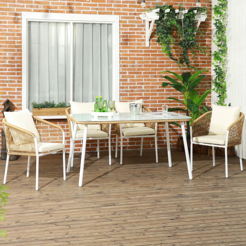 Outsunny Salon de Jardin 4 personnes en rotin PE avec chaises empilables et coussins, plateau en verre trempé cadre en aluminium